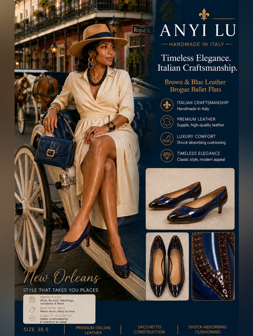 Anyi Lu Brown and Blue Leather Brogue Ballet Flats